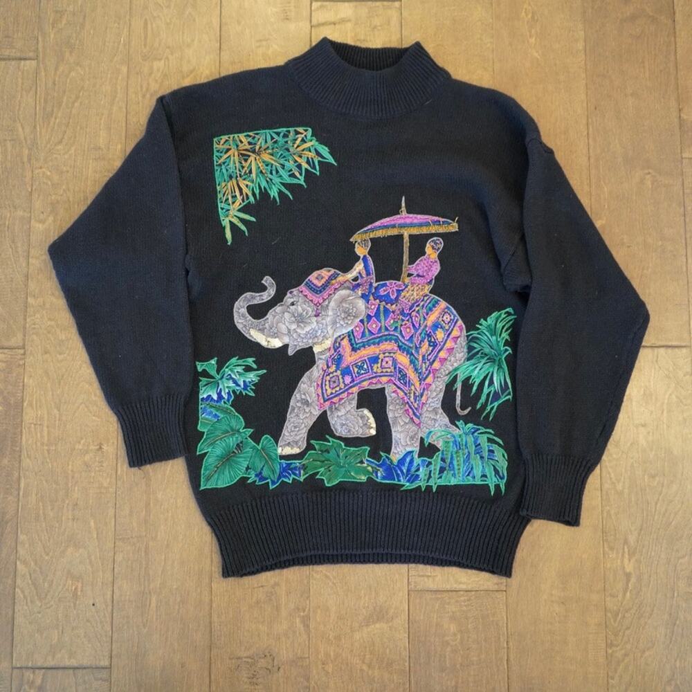 Vintage 90s Elephant Embroidered Black Knit Sweater Sequin Size L